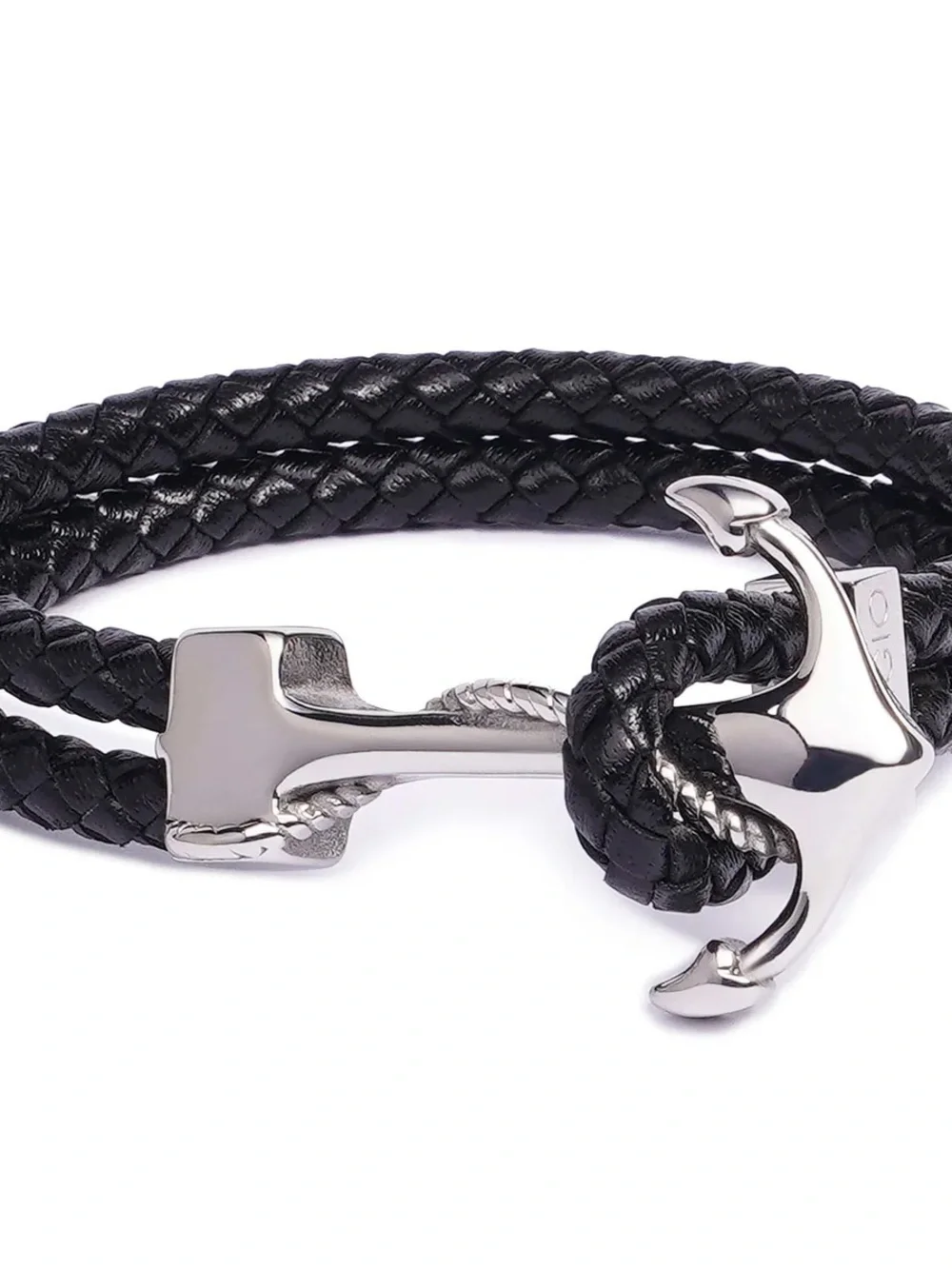 Braided Black Leatger like  Bracelet with Silver Anchor Clasp